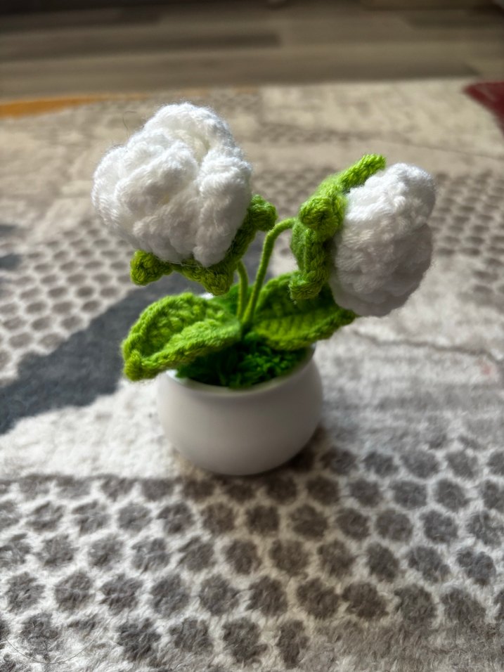 El Yapımı Örgü Beyaz Çiçek ve Saksı - Görsel 2