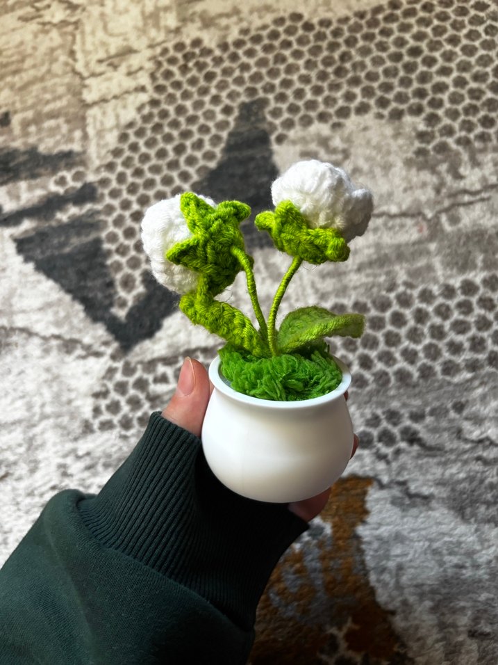 El Yapımı Örgü Beyaz Çiçek ve Saksı - Görsel 3