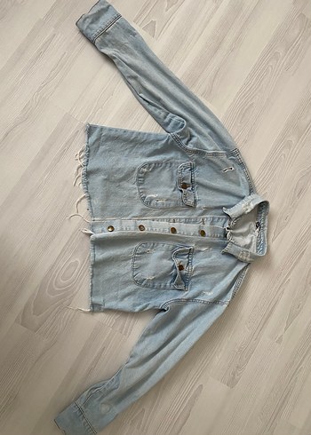 l Beden mavi Renk Düğmeli Mavi Kadın Denim Ceket