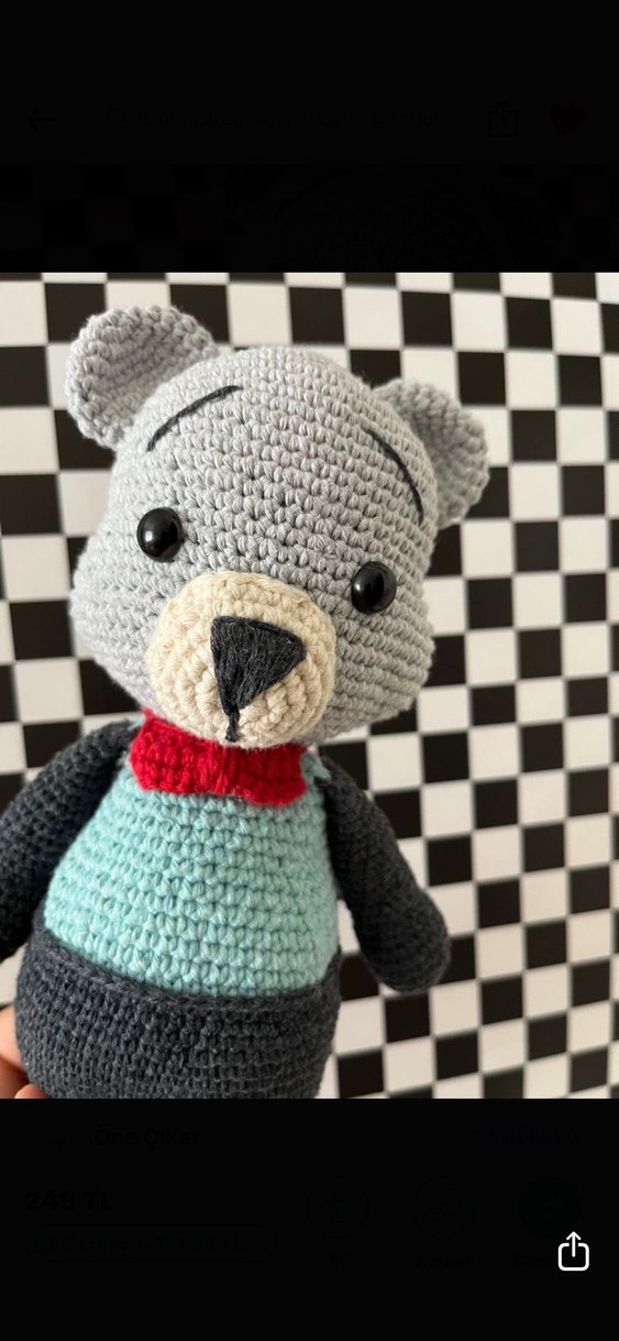 Gri El Örgüsü Ayıcık Peluş Oyuncak - Görsel 4