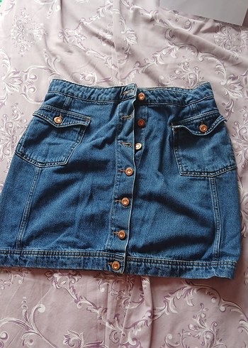 Düğmeli Mavi Denim Mini Etek