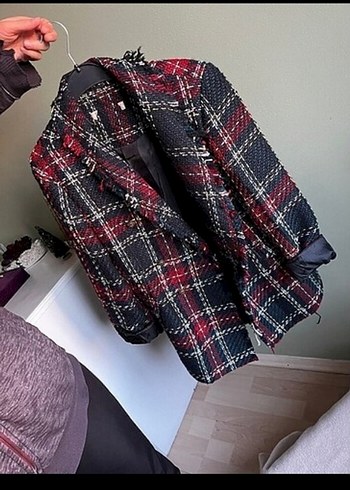 Kadın Bordo Ekose Mini Blazer Ceket