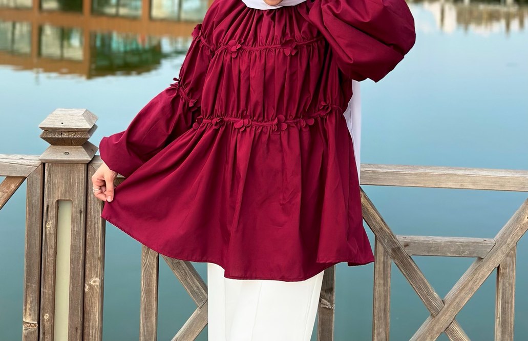 Bohem Uzun Kollu Bordo Tunik - Görsel 3