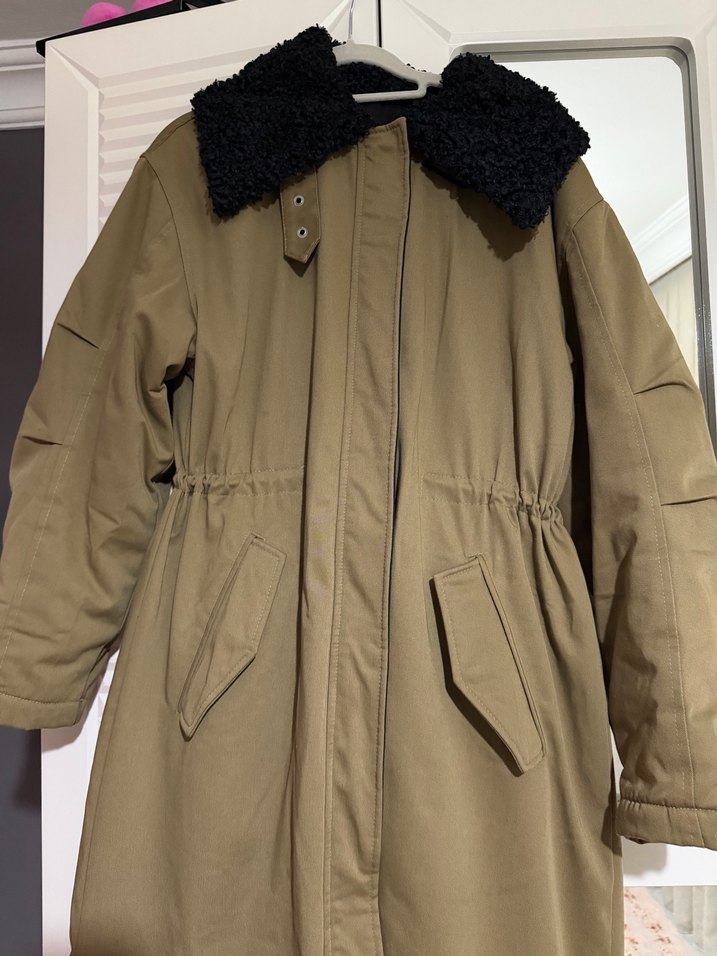 Kemerli haki Uzun Kadın Ceket - Görsel 2