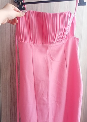 Piliseli Straplez Pembe Midi Elbise - Görsel 2