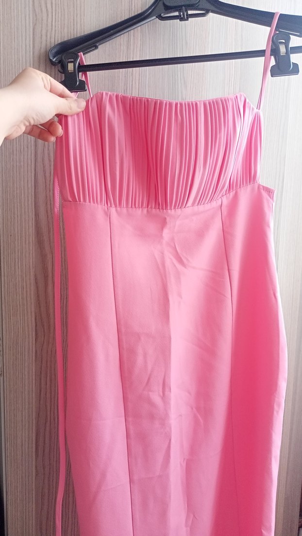 Piliseli Straplez Pembe Midi Elbise - Görsel 2