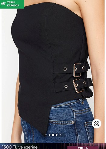 Siyah Kemer Detaylı Straplez Mini Bluz - Görsel 2