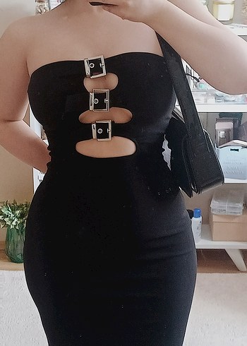 Tokalı Siyah Straplez Uzun Elbise - Görsel 4