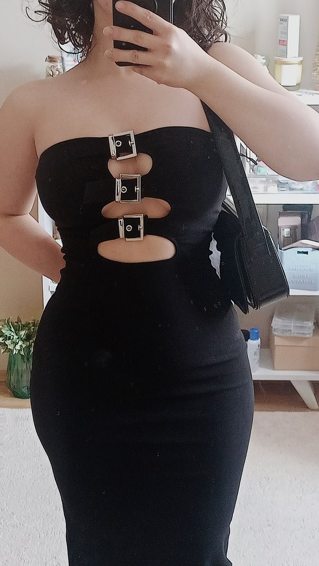 Tokalı Siyah Straplez Uzun Elbise - Görsel 4