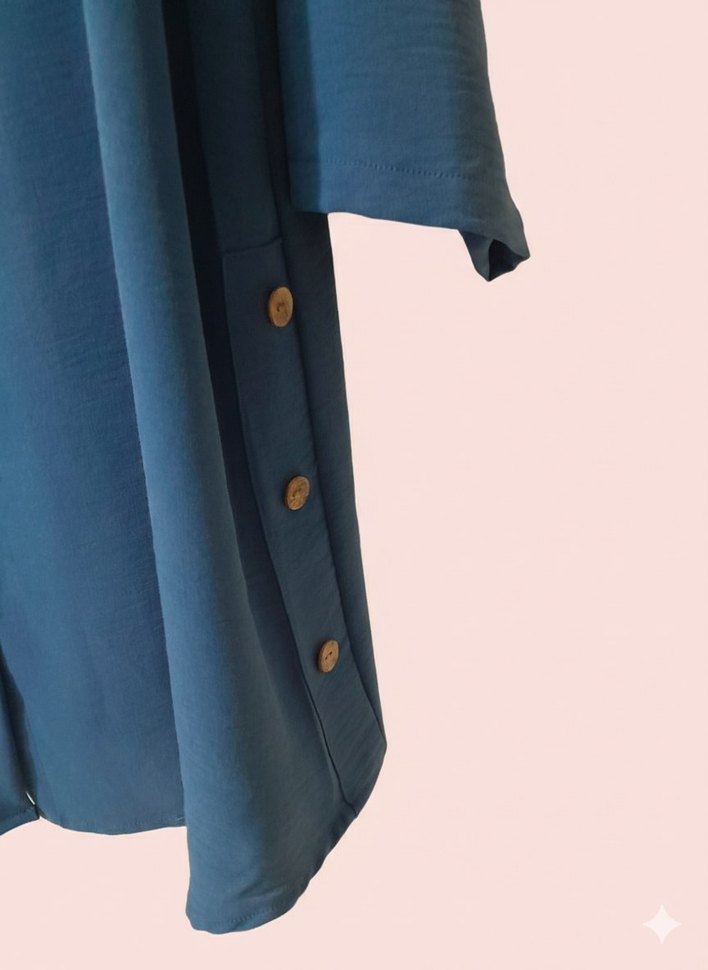 Düğmeli Mavi Uzun Kollu Kadın Tunik - Görsel 3