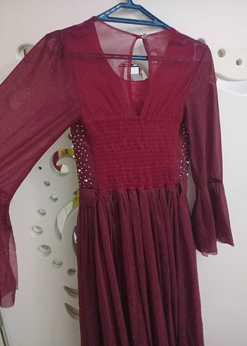 s Beden bordo Renk İnci İşlemeli Bordo Uzun Bohem Elbise