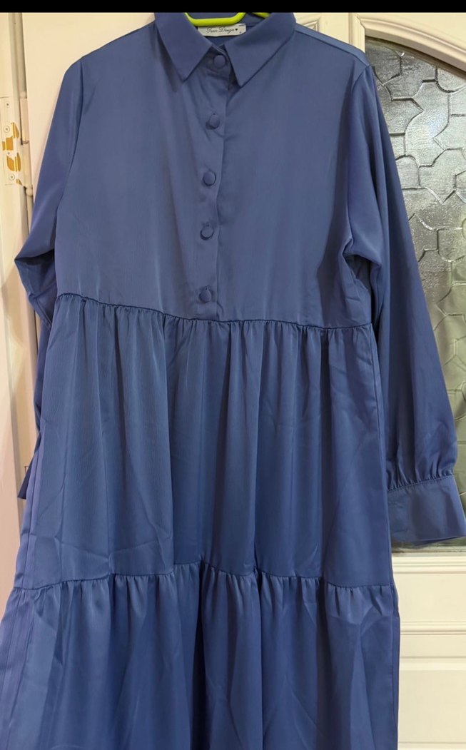 Uzun Kollu Mavi Salaş Uzun Elbise - Görsel 2