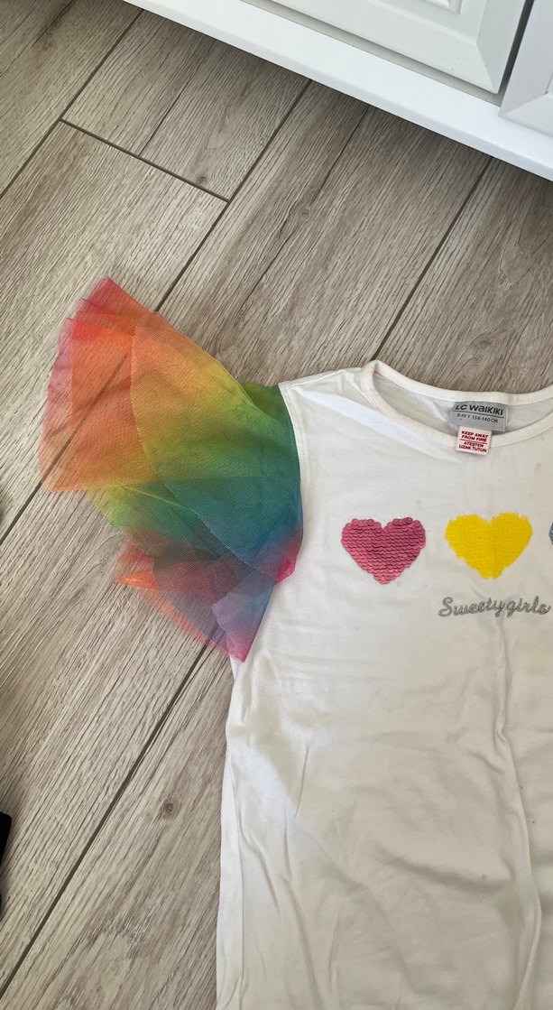 Kızlar için Pul İşlemeli Renkli Kısa Kollu Tişört - Görsel 2