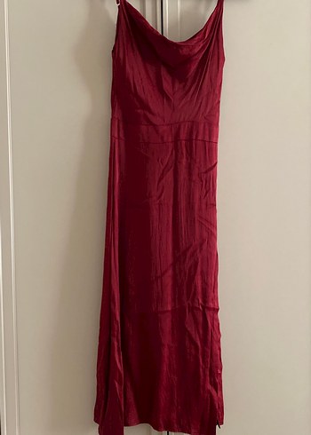 Bordo Keten Drapeli Uzun Elbise - Görsel 2