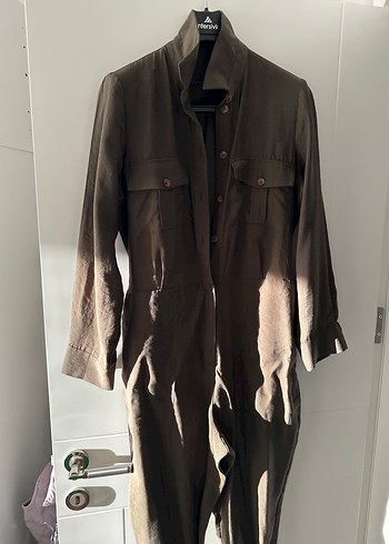 Bej Uzun Kollu Keten Kadın Tulum - Görsel 2