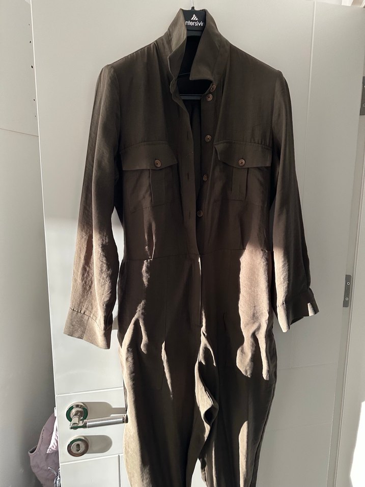 Bej Uzun Kollu Keten Kadın Tulum - Görsel 2