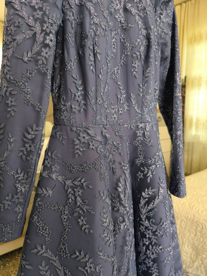 Uzun Kollu İşlemeli Mor Kadın Abiye Elbise - Görsel 3