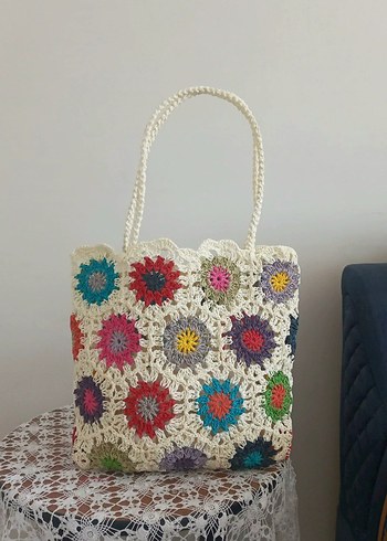 Diğer Renkli Çiçek Desenli Bohem Örgü Çanta