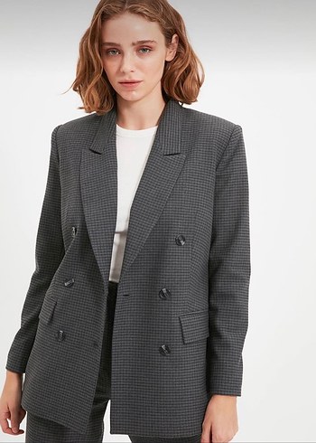Gri Ekose Düğmeli Kadın Blazer Ceket - Görsel 7