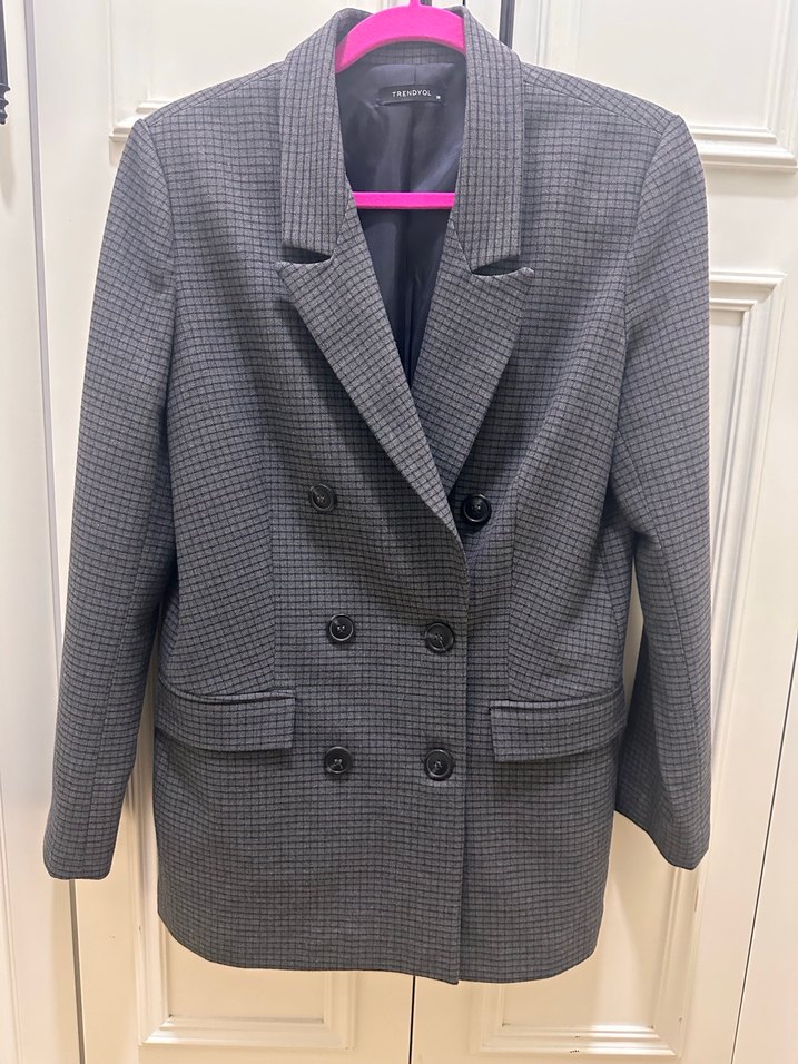 Gri Ekose Düğmeli Kadın Blazer Ceket - Görsel 3