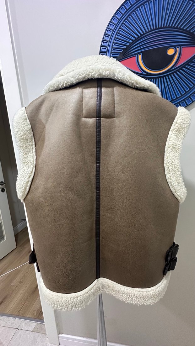 Zara Kürklü Kahverengi Deri Kadın Yelek - Görsel 3