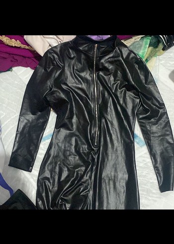 Siyah Deri Kadın Tulum - Uzun Kollu, Fermuarlı - Görsel 3