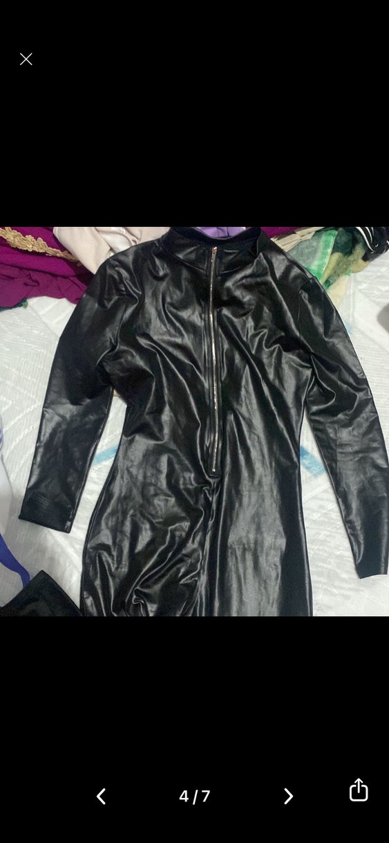 Siyah Deri Kadın Tulum - Uzun Kollu, Fermuarlı - Görsel 3