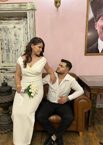 Beyaz Midi A-Line Gelinlik - Görsel 2