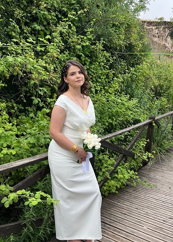 Beyaz Midi A-Line Gelinlik - Görsel 4