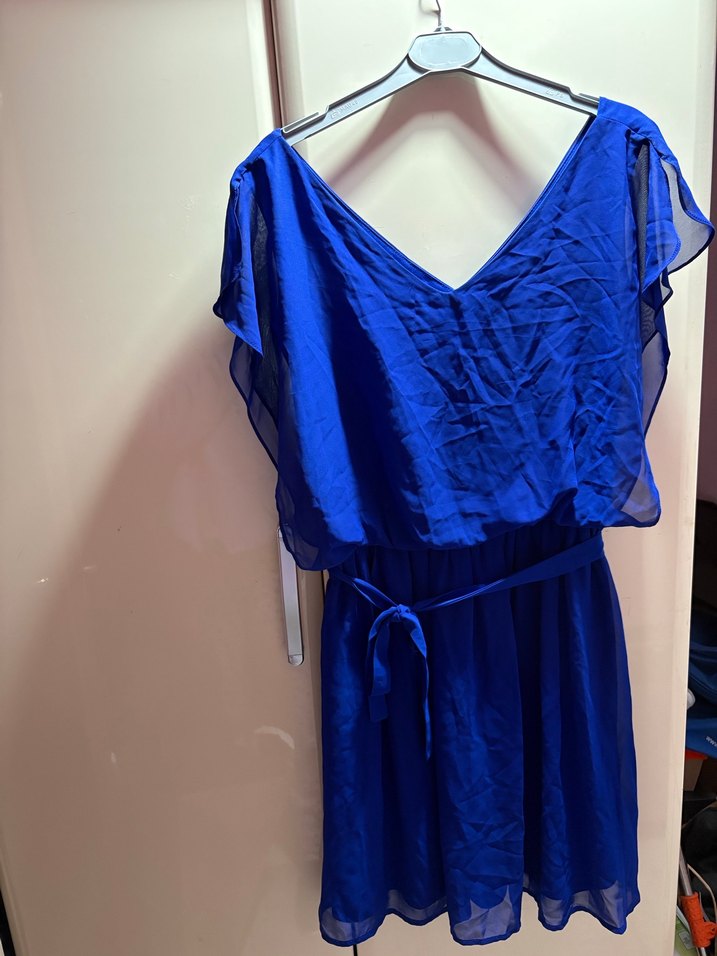 Mavi V Yaka Dökümlü Elbise - Görsel 2