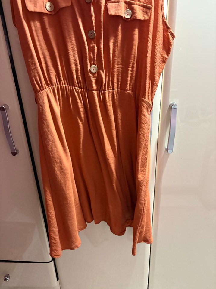 Düğmeli Kolsuz Midi Keten Elbise - Görsel 3