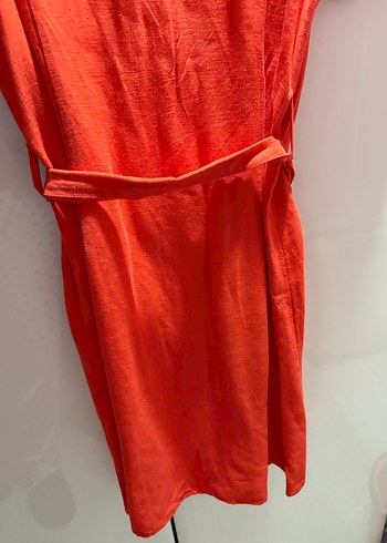 Kırmızı Düğmeli Midi Keten Elbise - Görsel 5