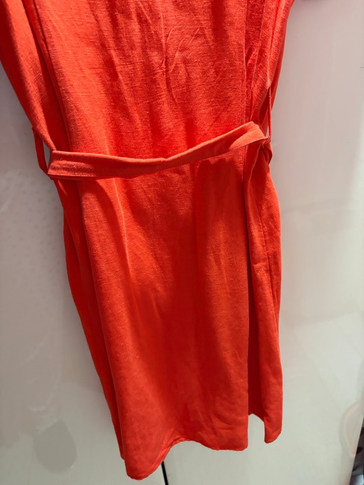 Kırmızı Düğmeli Midi Keten Elbise - Görsel 5