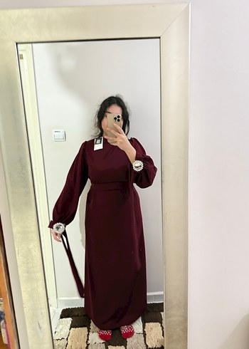Bordo Nakışlı Uzun Kollu Tesettür Elbise - Görsel 15