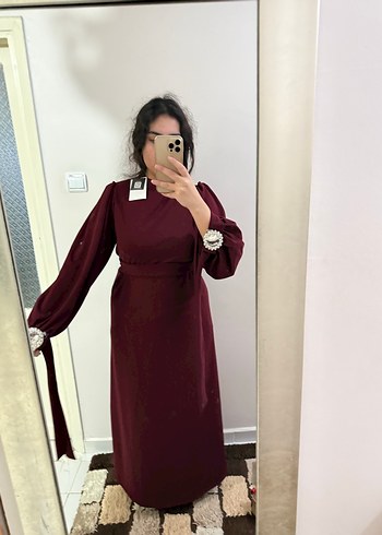 Bordo Nakışlı Uzun Kollu Tesettür Elbise - Görsel 13