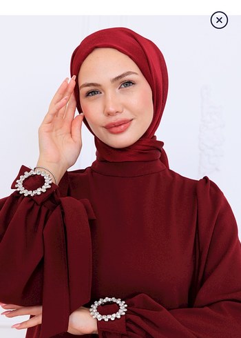 Bordo Nakışlı Uzun Kollu Tesettür Elbise - Görsel 3