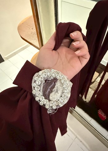 Bordo Nakışlı Uzun Kollu Tesettür Elbise - Görsel 10