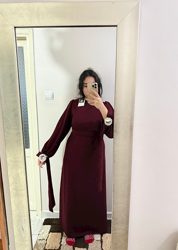 Bordo Nakışlı Uzun Kollu Tesettür Elbise - Görsel 14