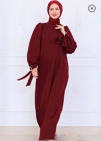 Bordo Nakışlı Uzun Kollu Tesettür Elbise - Görsel 4