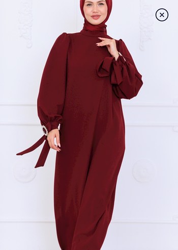 Bordo Nakışlı Uzun Kollu Tesettür Elbise - Görsel 5