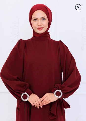 Bordo Nakışlı Uzun Kollu Tesettür Elbise - Görsel 2