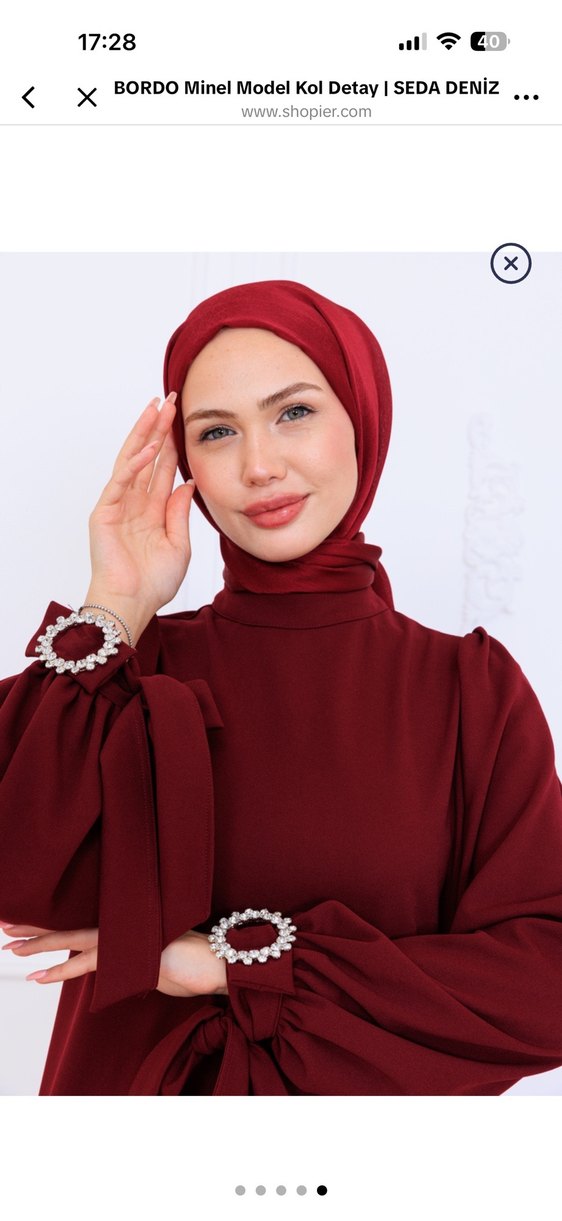 Bordo Nakışlı Uzun Kollu Tesettür Elbise - Görsel 3