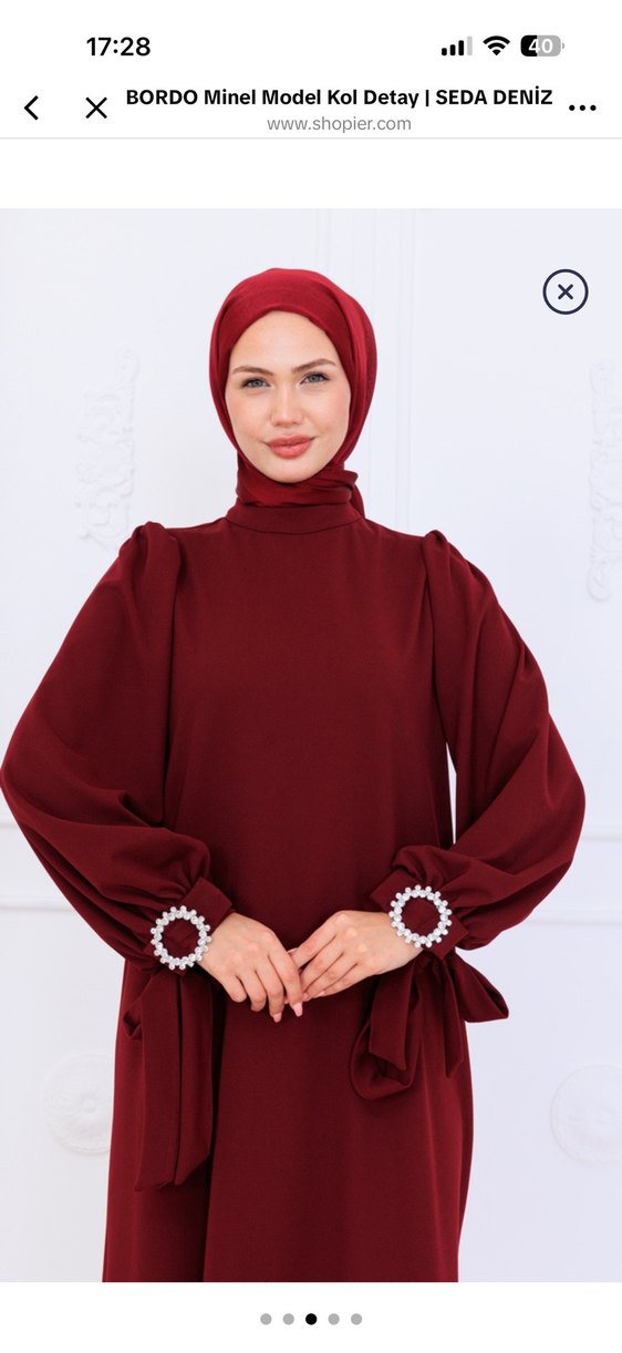 Bordo Nakışlı Uzun Kollu Tesettür Elbise - Görsel 2