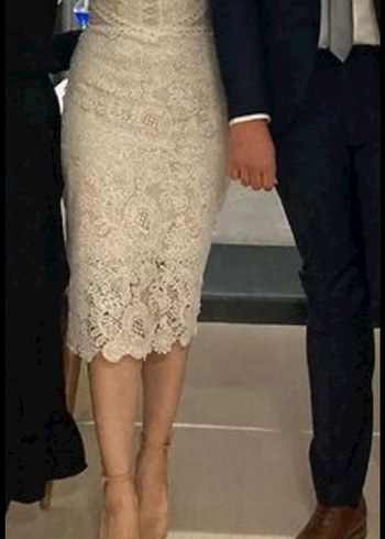 Dantel Detaylı Beyaz Midi Kalem nişan söz Elbisesi - Görsel 3