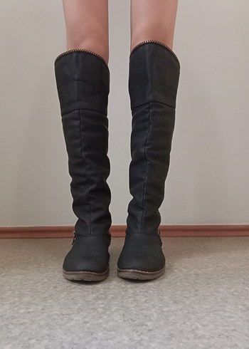 37 Beden Fermuarlı Siyah Deri Kadın Çizme