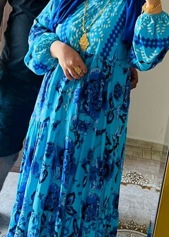 Mavi Bağlamalı V Yaka Uzun Bohem Elbise - Görsel 2