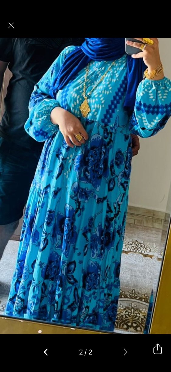 Mavi Bağlamalı V Yaka Uzun Bohem Elbise - Görsel 2