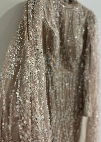 Bej Tesettür Abiye Elbise - Görsel 4