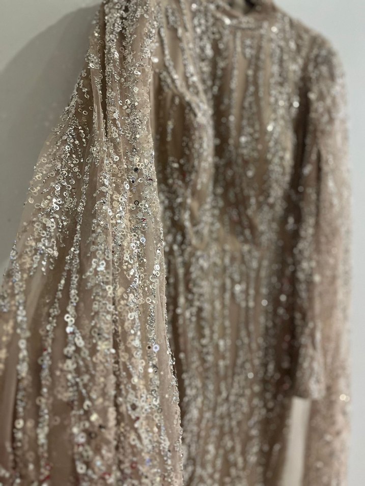 Bej Tesettür Abiye Elbise - Görsel 4