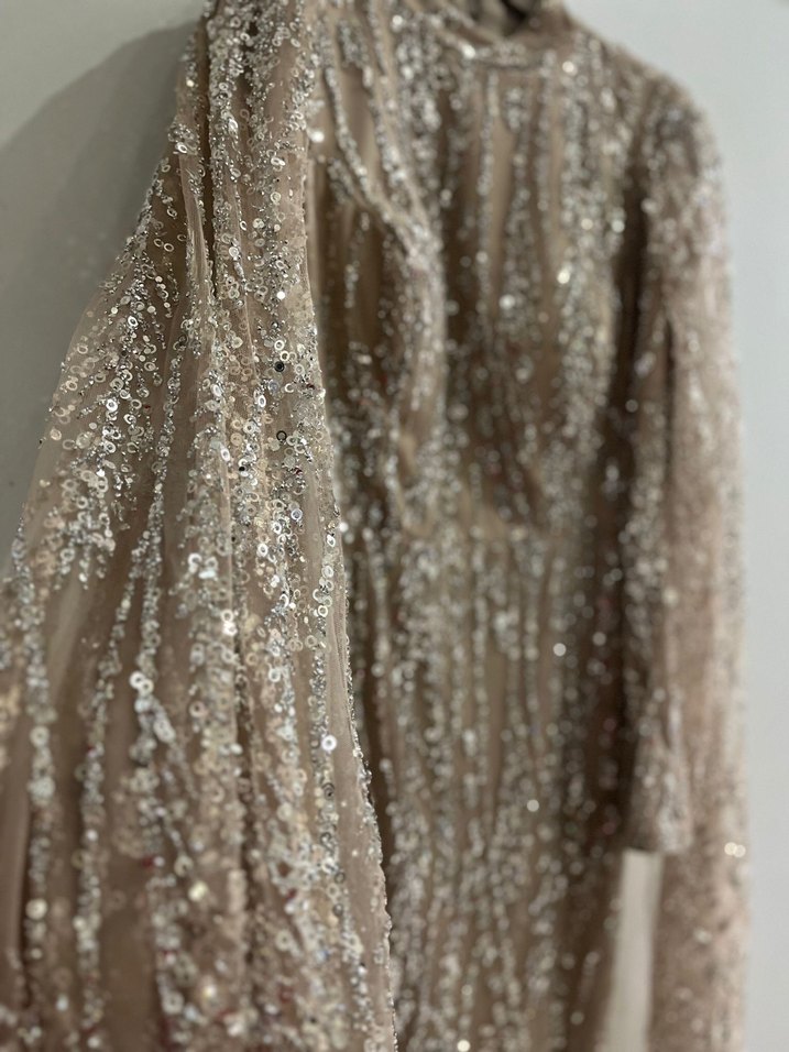 Bej Tesettür Abiye Elbise - Görsel 3